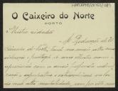 Cartão de visita de Armindo Peixoto, da Direcção de "O Caixeiro do Norte", a Teófilo Braga