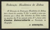 Cartão de visita de Direcção da Federação Académica de Lisboa a Teófilo Braga