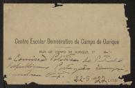Cartão de visita do Centro Escolar Democrático de Campo de Ourique e Comissão Política do Partido Republicano Português a Teófilo Braga