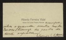Cartão pessoal de Alberto Ferreira Vidal para Teófilo Braga