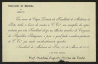 Cartão de Cândido Augusto Correia de Pinho, Director Interino da Faculdade de Medicina do Porto, a Teófilo Braga