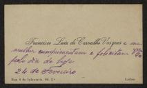 Cartão de visita de Francisco Luis de Carvalho Vasques a Teófilo Braga