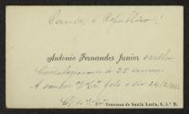Cartão de visita de António Fernandes Júnior a Teófilo Braga