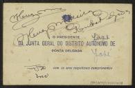 Cartão de Presidente da Junta Geral do Distrito Autónomo de Ponta Delgada a Teófilo Braga