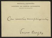 Cartão de Vasco Borges, do Gabinete do Ministro dos Negócios Estrangeiros, a Teófilo Braga