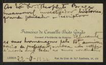 Cartão de visita de Francisco de Carvalho Brito Gorjão a Teófilo Braga