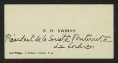 Cartão de visita de S. H. Swinny a Teófilo Braga