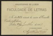 Cartão de Agostinho Fortes, Secretário da Faculdade de Letras da Universidade de Lisboa, a Teófilo Braga