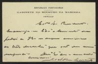 Cartão de João A. M., do Gabinete do Ministro da Marinha, a Teófilo Braga