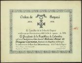Diploma conferindo a condecoração da Ordem de Boyacá a Óscar Carmona